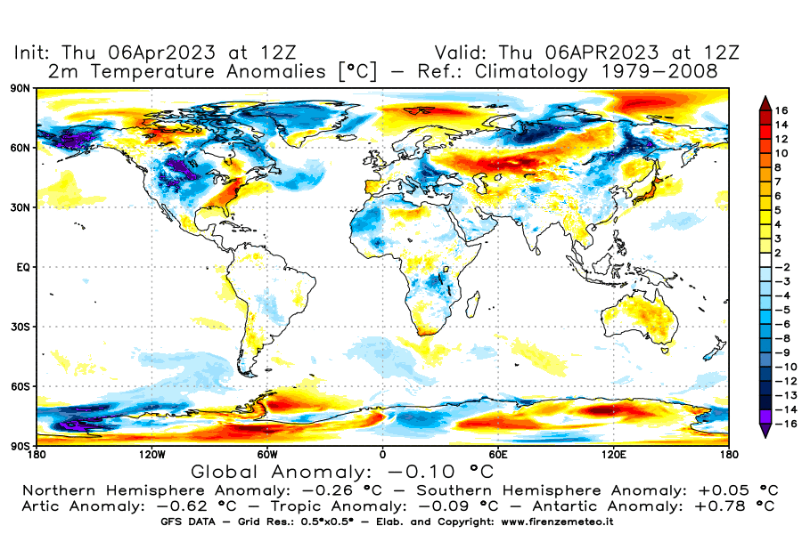 Mappa di analisi GFS - Anomalia Temperatura [°C] a 2 m in World
							del 06/04/2023 12 <!--googleoff: index-->UTC<!--googleon: index-->