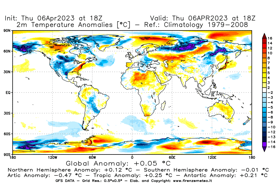Mappa di analisi GFS - Anomalia Temperatura [°C] a 2 m in World
							del 06/04/2023 18 <!--googleoff: index-->UTC<!--googleon: index-->