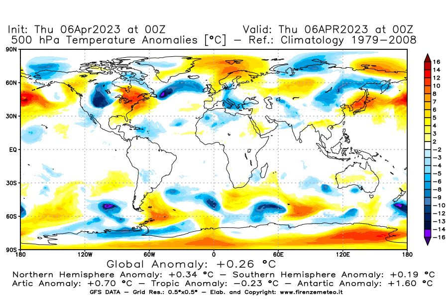 Mappa di analisi GFS - Anomalia Temperatura [°C] a 500 hPa in World
							del 06/04/2023 00 <!--googleoff: index-->UTC<!--googleon: index-->