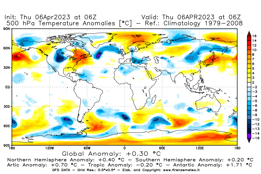 Mappa di analisi GFS - Anomalia Temperatura [°C] a 500 hPa in World
							del 06/04/2023 06 <!--googleoff: index-->UTC<!--googleon: index-->