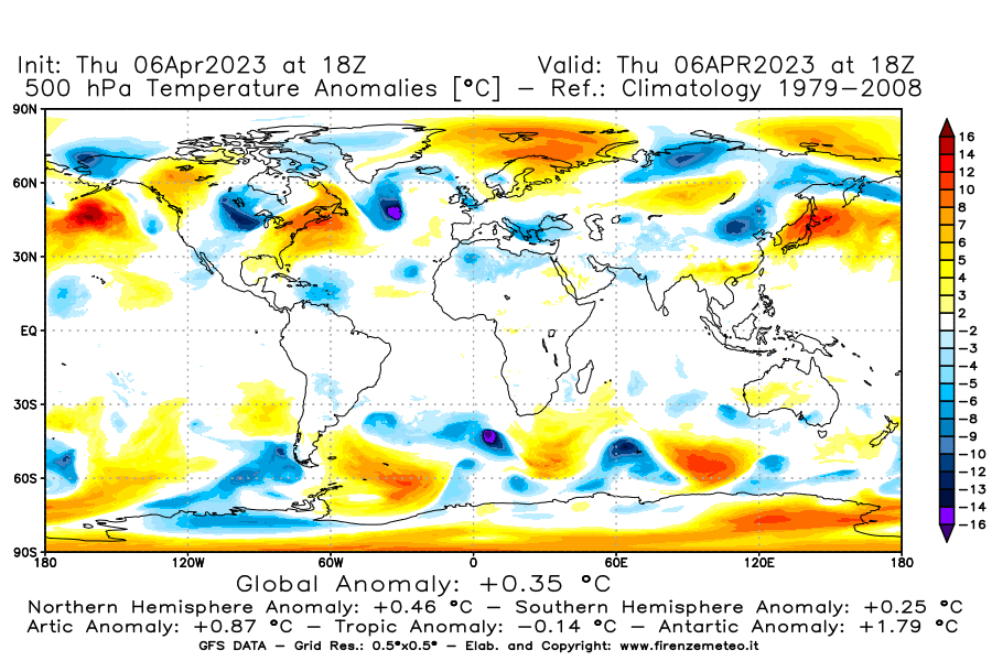Mappa di analisi GFS - Anomalia Temperatura [°C] a 500 hPa in World
							del 06/04/2023 18 <!--googleoff: index-->UTC<!--googleon: index-->