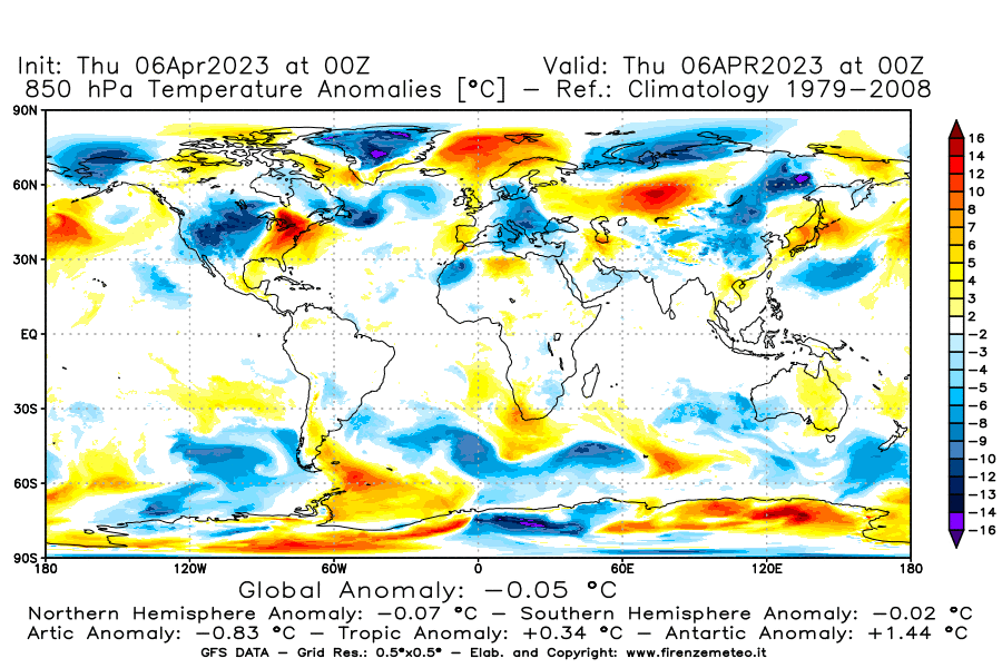 Mappa di analisi GFS - Anomalia Temperatura [°C] a 850 hPa in World
							del 06/04/2023 00 <!--googleoff: index-->UTC<!--googleon: index-->