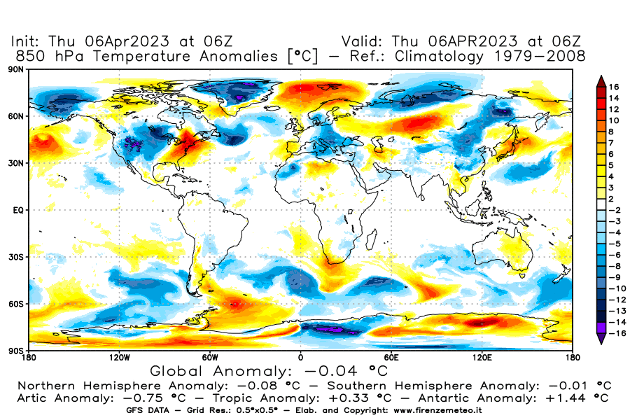 Mappa di analisi GFS - Anomalia Temperatura [°C] a 850 hPa in World
							del 06/04/2023 06 <!--googleoff: index-->UTC<!--googleon: index-->