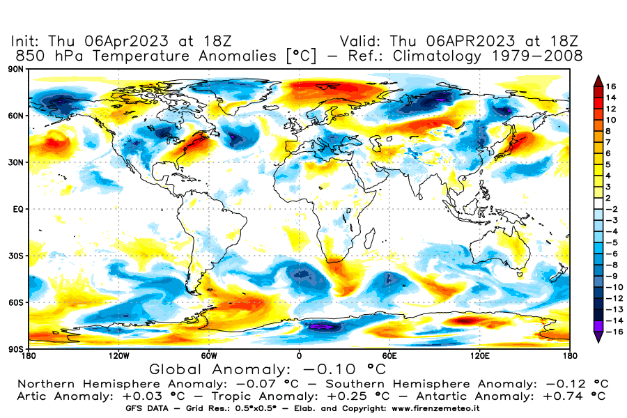 Mappa di analisi GFS - Anomalia Temperatura [°C] a 850 hPa in World
							del 06/04/2023 18 <!--googleoff: index-->UTC<!--googleon: index-->
