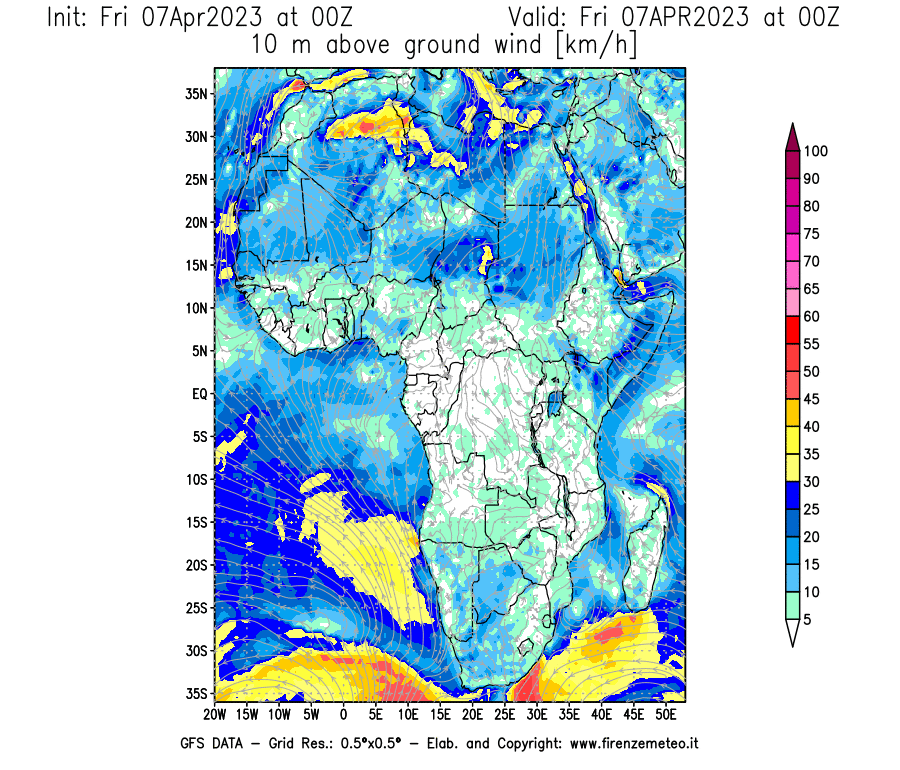 Mappa di analisi GFS - Velocità del vento a 10 metri dal suolo [km/h] in Africa
							del 07/04/2023 00 <!--googleoff: index-->UTC<!--googleon: index-->