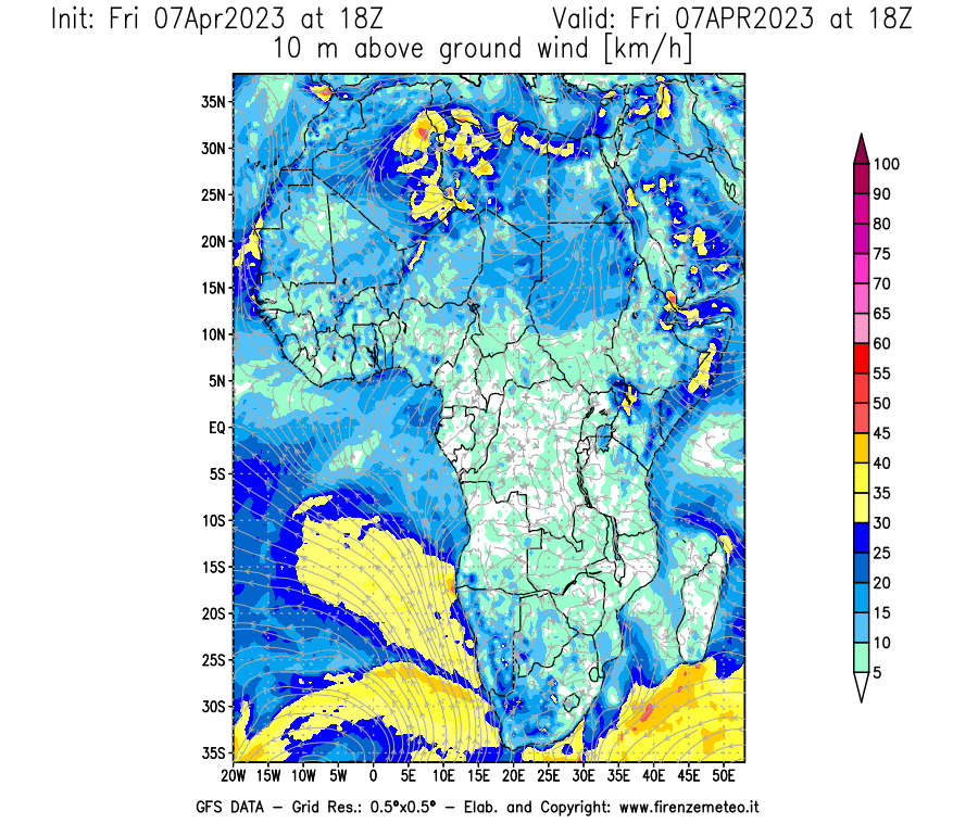 Mappa di analisi GFS - Velocità del vento a 10 metri dal suolo [km/h] in Africa
							del 07/04/2023 18 <!--googleoff: index-->UTC<!--googleon: index-->