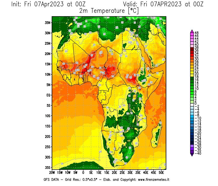 Mappa di analisi GFS - Temperatura a 2 metri dal suolo [°C] in Africa
							del 07/04/2023 00 <!--googleoff: index-->UTC<!--googleon: index-->