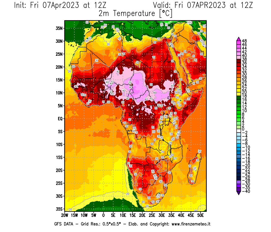 Mappa di analisi GFS - Temperatura a 2 metri dal suolo [°C] in Africa
							del 07/04/2023 12 <!--googleoff: index-->UTC<!--googleon: index-->