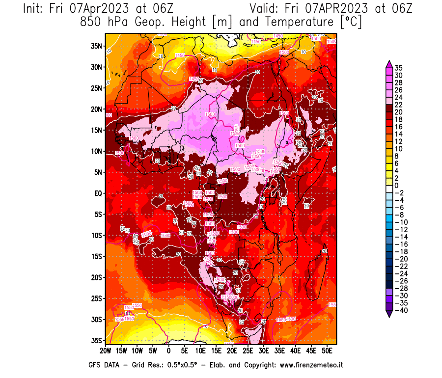Mappa di analisi GFS - Geopotenziale [m] e Temperatura [°C] a 850 hPa in Africa
							del 07/04/2023 06 <!--googleoff: index-->UTC<!--googleon: index-->