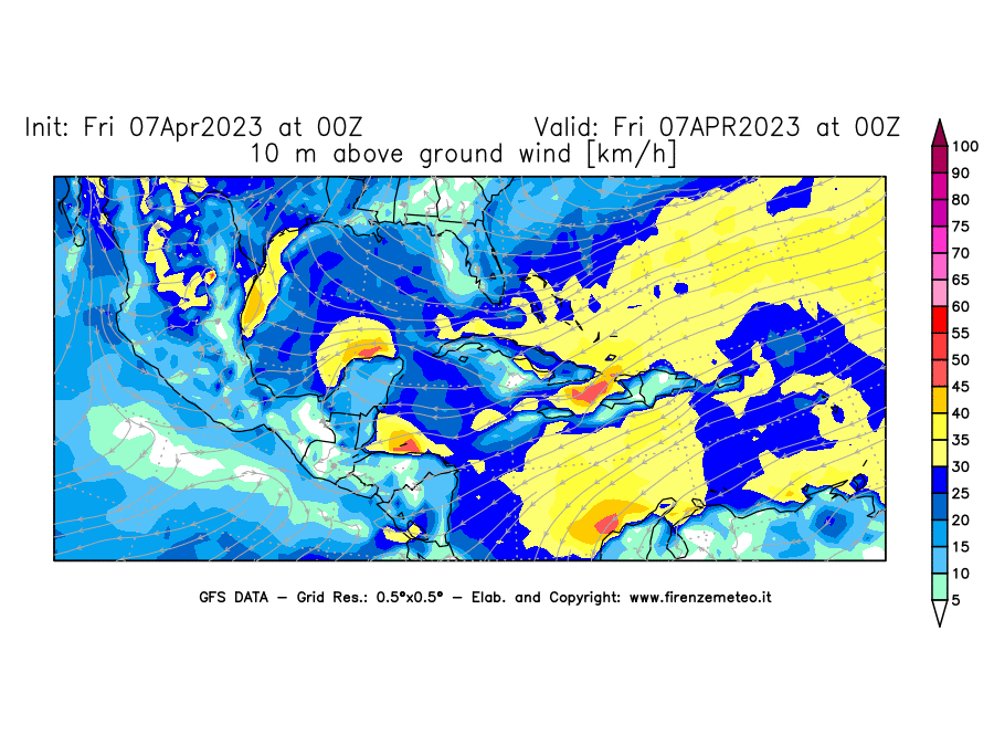 Mappa di analisi GFS - Velocità del vento a 10 metri dal suolo [km/h] in Centro-America
							del 07/04/2023 00 <!--googleoff: index-->UTC<!--googleon: index-->