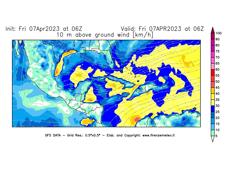 Mappa di analisi GFS - Velocità del vento a 10 metri dal suolo [km/h] in Centro-America
							del 07/04/2023 06 <!--googleoff: index-->UTC<!--googleon: index-->