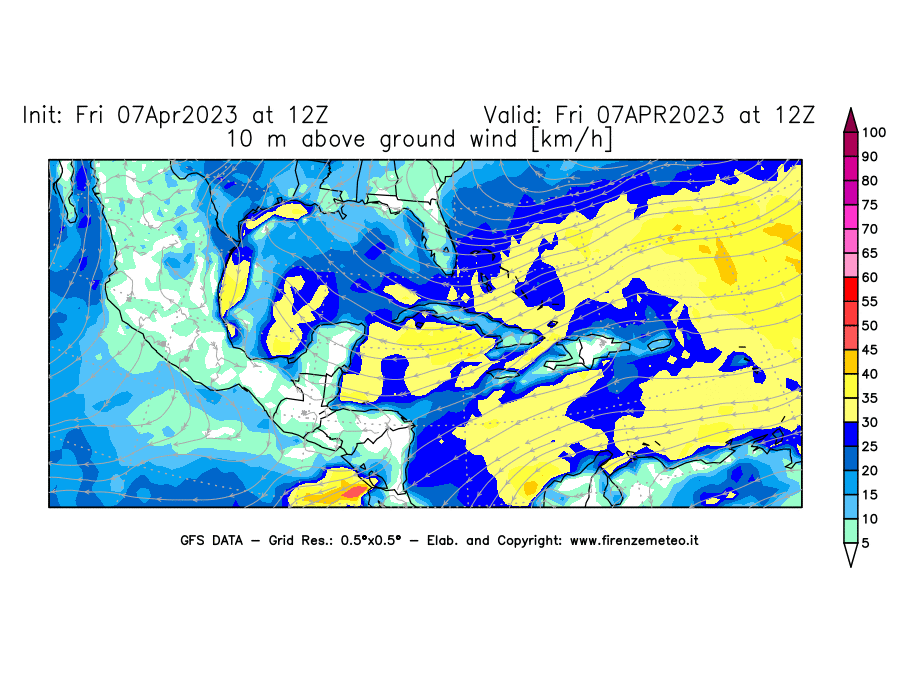 Mappa di analisi GFS - Velocità del vento a 10 metri dal suolo [km/h] in Centro-America
							del 07/04/2023 12 <!--googleoff: index-->UTC<!--googleon: index-->
