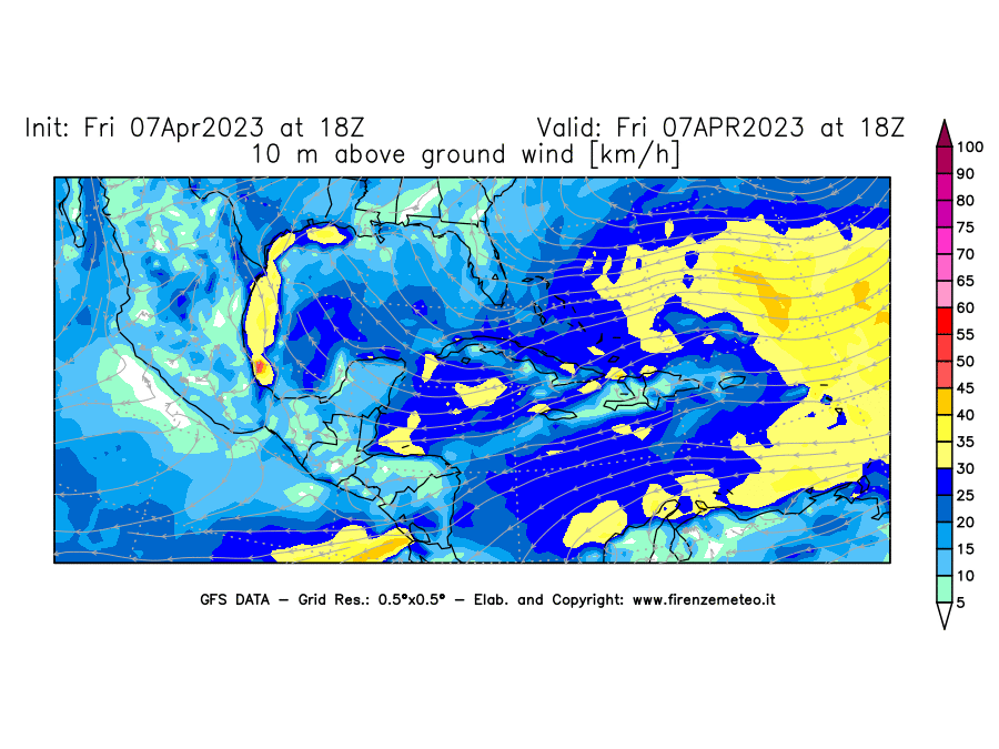 Mappa di analisi GFS - Velocità del vento a 10 metri dal suolo [km/h] in Centro-America
							del 07/04/2023 18 <!--googleoff: index-->UTC<!--googleon: index-->