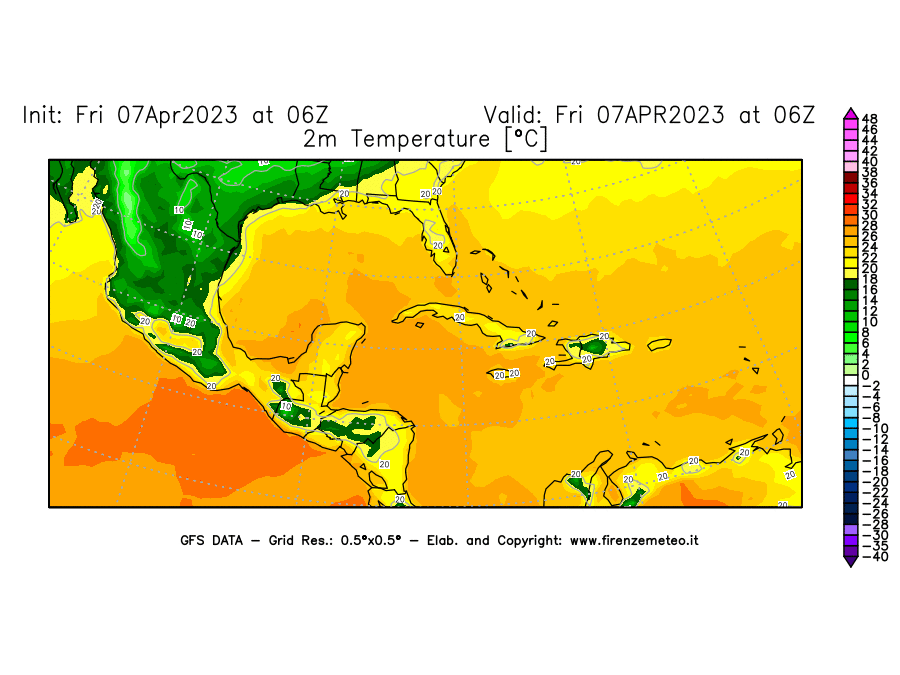 Mappa di analisi GFS - Temperatura a 2 metri dal suolo [°C] in Centro-America
							del 07/04/2023 06 <!--googleoff: index-->UTC<!--googleon: index-->