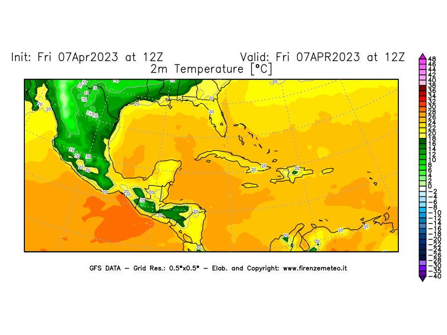 Mappa di analisi GFS - Temperatura a 2 metri dal suolo [°C] in Centro-America
							del 07/04/2023 12 <!--googleoff: index-->UTC<!--googleon: index-->