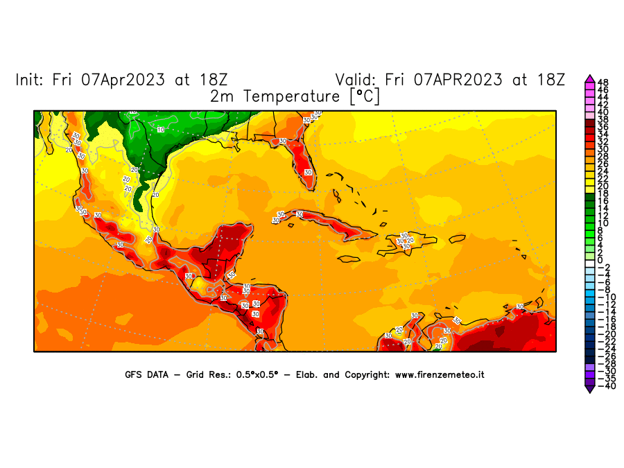 Mappa di analisi GFS - Temperatura a 2 metri dal suolo [°C] in Centro-America
							del 07/04/2023 18 <!--googleoff: index-->UTC<!--googleon: index-->