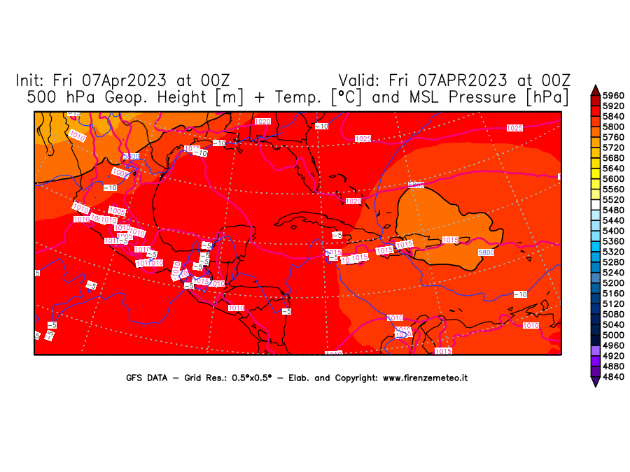 Mappa di analisi GFS - Geopotenziale [m] + Temp. [°C] a 500 hPa + Press. a livello del mare [hPa] in Centro-America
							del 07/04/2023 00 <!--googleoff: index-->UTC<!--googleon: index-->