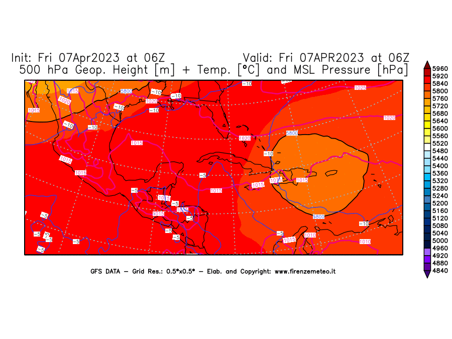 Mappa di analisi GFS - Geopotenziale [m] + Temp. [°C] a 500 hPa + Press. a livello del mare [hPa] in Centro-America
							del 07/04/2023 06 <!--googleoff: index-->UTC<!--googleon: index-->
