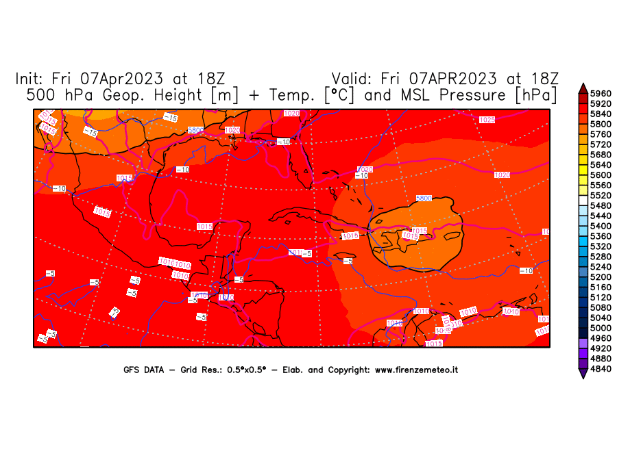 Mappa di analisi GFS - Geopotenziale [m] + Temp. [°C] a 500 hPa + Press. a livello del mare [hPa] in Centro-America
							del 07/04/2023 18 <!--googleoff: index-->UTC<!--googleon: index-->