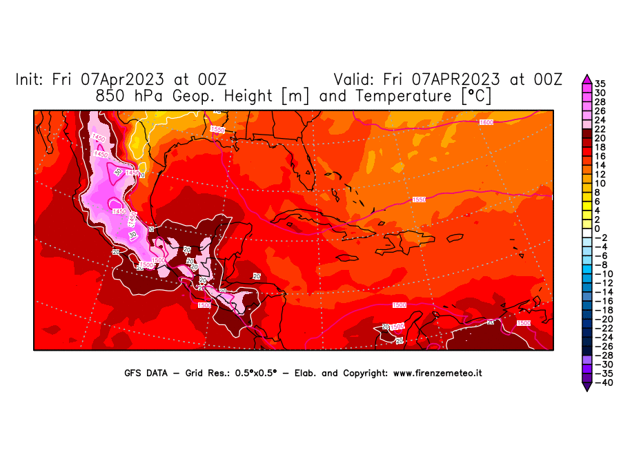 Mappa di analisi GFS - Geopotenziale [m] e Temperatura [°C] a 850 hPa in Centro-America
							del 07/04/2023 00 <!--googleoff: index-->UTC<!--googleon: index-->