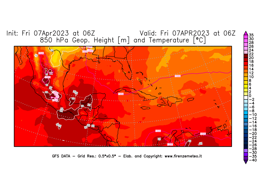 Mappa di analisi GFS - Geopotenziale [m] e Temperatura [°C] a 850 hPa in Centro-America
							del 07/04/2023 06 <!--googleoff: index-->UTC<!--googleon: index-->