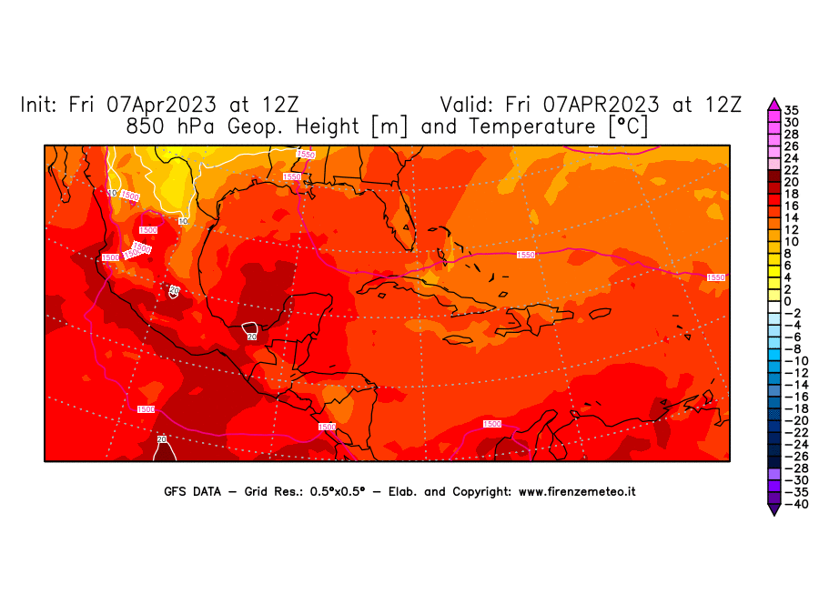 Mappa di analisi GFS - Geopotenziale [m] e Temperatura [°C] a 850 hPa in Centro-America
							del 07/04/2023 12 <!--googleoff: index-->UTC<!--googleon: index-->