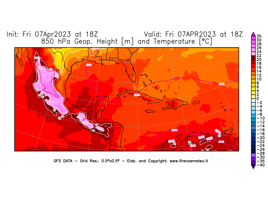 Mappa di analisi GFS - Geopotenziale [m] e Temperatura [°C] a 850 hPa in Centro-America
							del 07/04/2023 18 <!--googleoff: index-->UTC<!--googleon: index-->