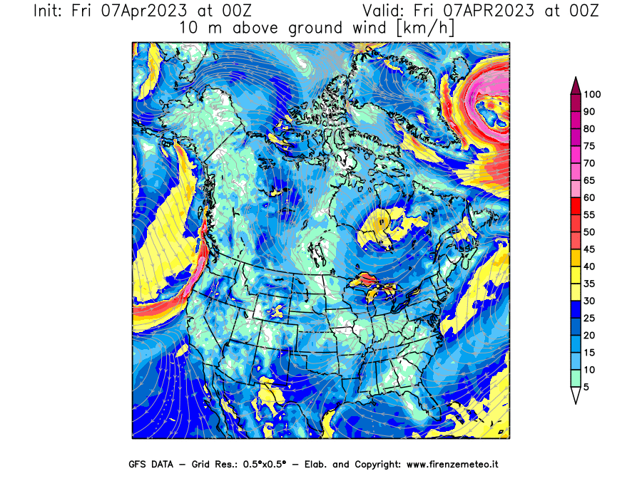 Mappa di analisi GFS - Velocità del vento a 10 metri dal suolo [km/h] in Nord-America
							del 07/04/2023 00 <!--googleoff: index-->UTC<!--googleon: index-->