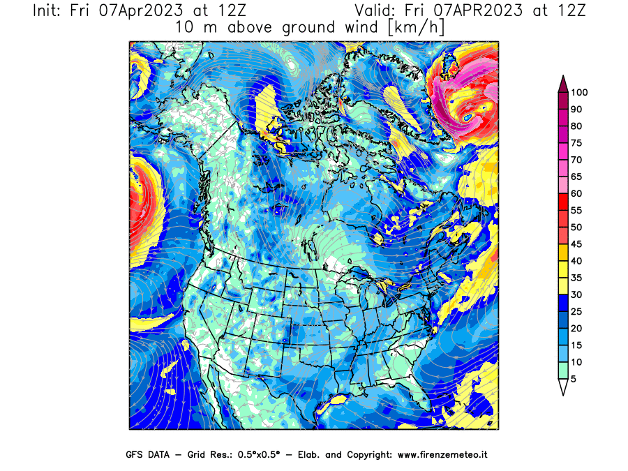 Mappa di analisi GFS - Velocità del vento a 10 metri dal suolo [km/h] in Nord-America
							del 07/04/2023 12 <!--googleoff: index-->UTC<!--googleon: index-->