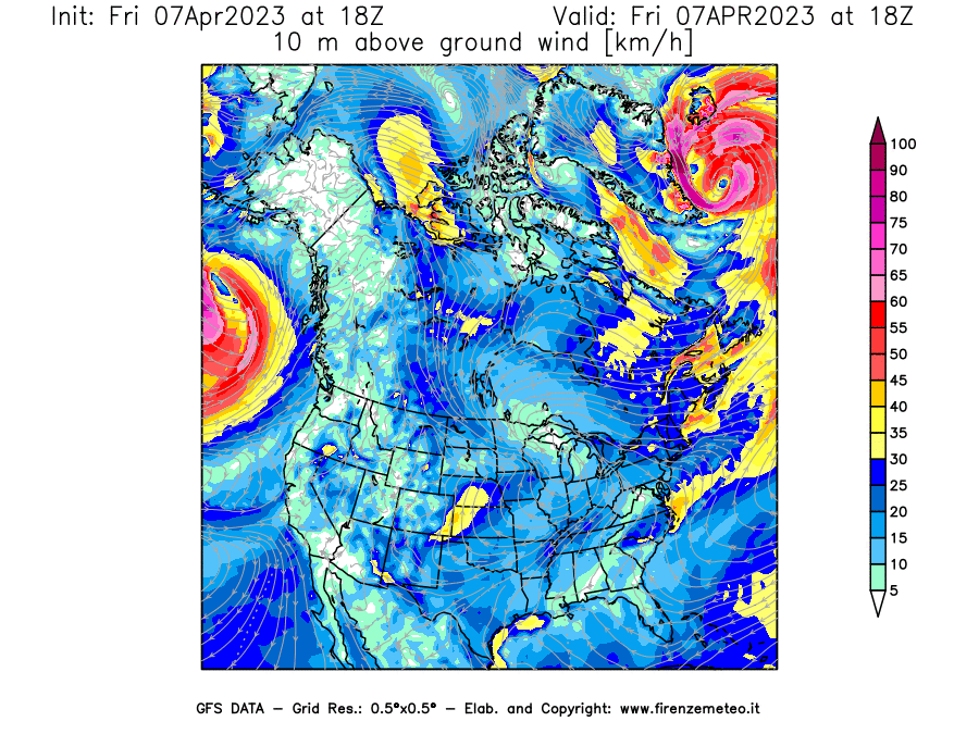 Mappa di analisi GFS - Velocità del vento a 10 metri dal suolo [km/h] in Nord-America
							del 07/04/2023 18 <!--googleoff: index-->UTC<!--googleon: index-->