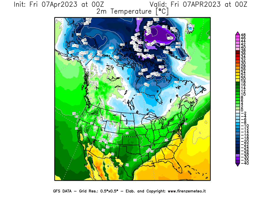 Mappa di analisi GFS - Temperatura a 2 metri dal suolo [°C] in Nord-America
							del 07/04/2023 00 <!--googleoff: index-->UTC<!--googleon: index-->