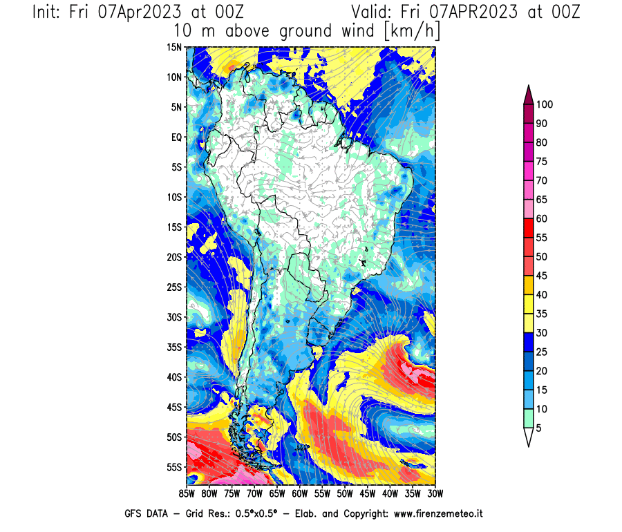 Mappa di analisi GFS - Velocità del vento a 10 metri dal suolo [km/h] in Sud-America
							del 07/04/2023 00 <!--googleoff: index-->UTC<!--googleon: index-->