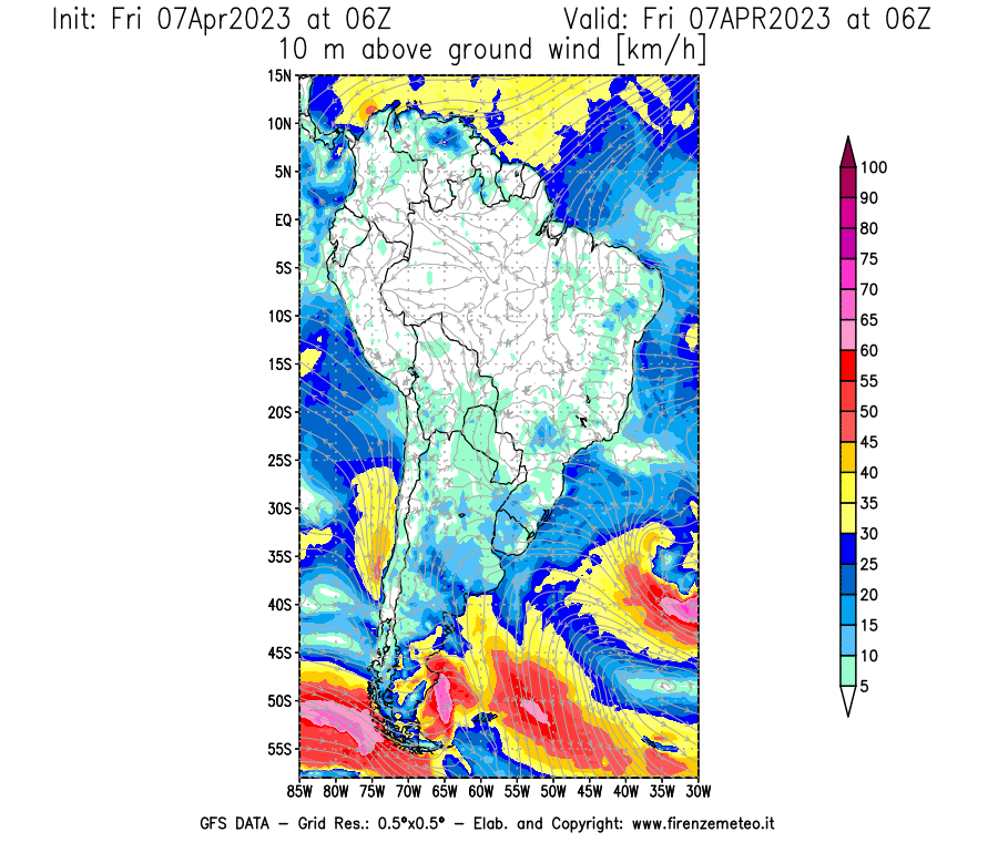 Mappa di analisi GFS - Velocità del vento a 10 metri dal suolo [km/h] in Sud-America
							del 07/04/2023 06 <!--googleoff: index-->UTC<!--googleon: index-->