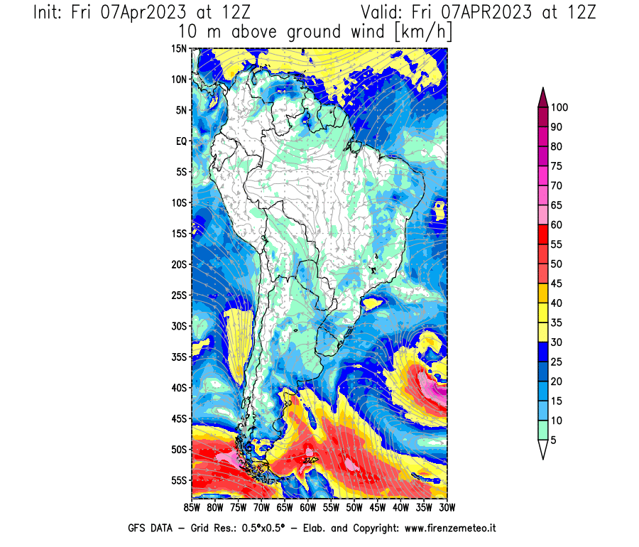 Mappa di analisi GFS - Velocità del vento a 10 metri dal suolo [km/h] in Sud-America
							del 07/04/2023 12 <!--googleoff: index-->UTC<!--googleon: index-->
