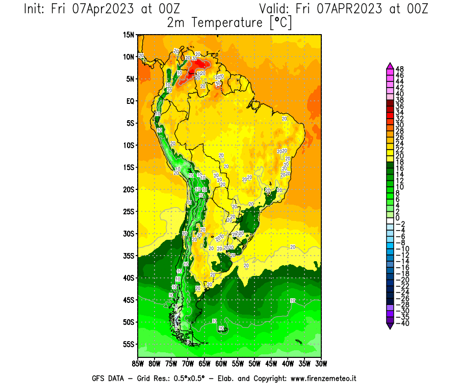 Mappa di analisi GFS - Temperatura a 2 metri dal suolo [°C] in Sud-America
							del 07/04/2023 00 <!--googleoff: index-->UTC<!--googleon: index-->
