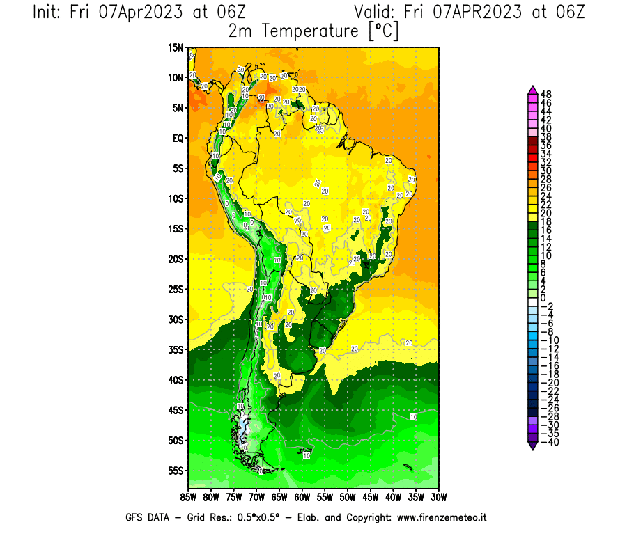 Mappa di analisi GFS - Temperatura a 2 metri dal suolo [°C] in Sud-America
							del 07/04/2023 06 <!--googleoff: index-->UTC<!--googleon: index-->