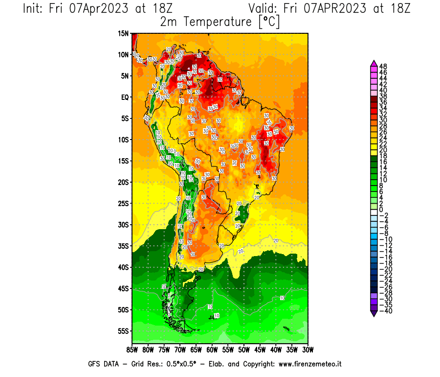 Mappa di analisi GFS - Temperatura a 2 metri dal suolo [°C] in Sud-America
							del 07/04/2023 18 <!--googleoff: index-->UTC<!--googleon: index-->