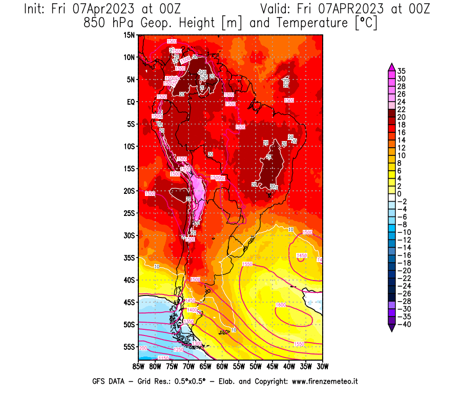 Mappa di analisi GFS - Geopotenziale [m] e Temperatura [°C] a 850 hPa in Sud-America
							del 07/04/2023 00 <!--googleoff: index-->UTC<!--googleon: index-->