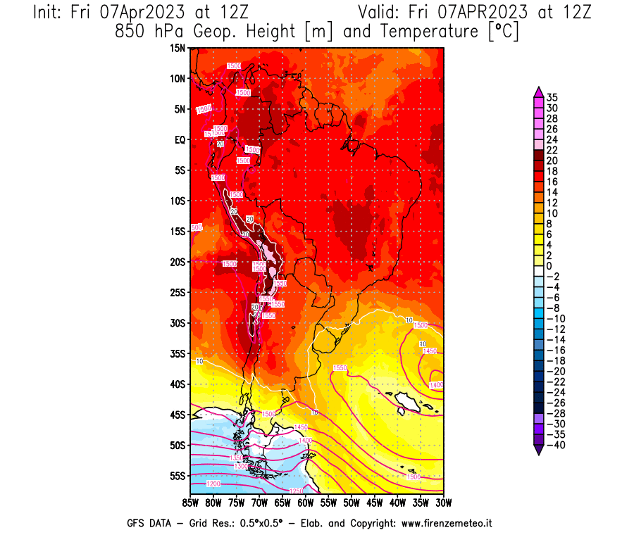 Mappa di analisi GFS - Geopotenziale [m] e Temperatura [°C] a 850 hPa in Sud-America
							del 07/04/2023 12 <!--googleoff: index-->UTC<!--googleon: index-->