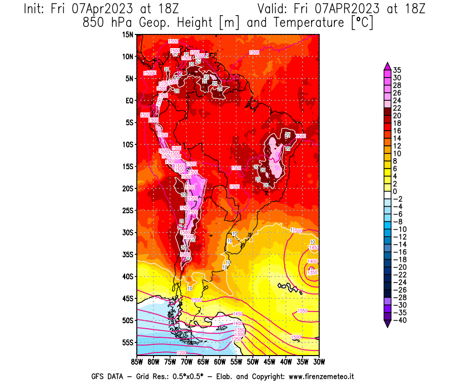 Mappa di analisi GFS - Geopotenziale [m] e Temperatura [°C] a 850 hPa in Sud-America
							del 07/04/2023 18 <!--googleoff: index-->UTC<!--googleon: index-->