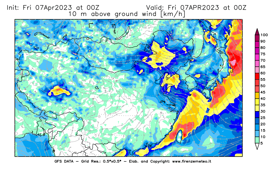 Mappa di analisi GFS - Velocità del vento a 10 metri dal suolo [km/h] in Asia Orientale
							del 07/04/2023 00 <!--googleoff: index-->UTC<!--googleon: index-->