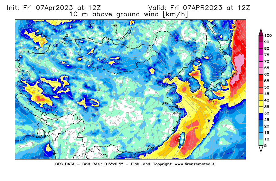 Mappa di analisi GFS - Velocità del vento a 10 metri dal suolo [km/h] in Asia Orientale
							del 07/04/2023 12 <!--googleoff: index-->UTC<!--googleon: index-->