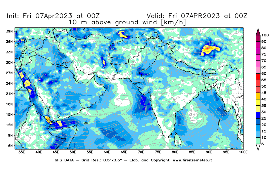 Mappa di analisi GFS - Velocità del vento a 10 metri dal suolo [km/h] in Asia Sud-Occidentale
							del 07/04/2023 00 <!--googleoff: index-->UTC<!--googleon: index-->