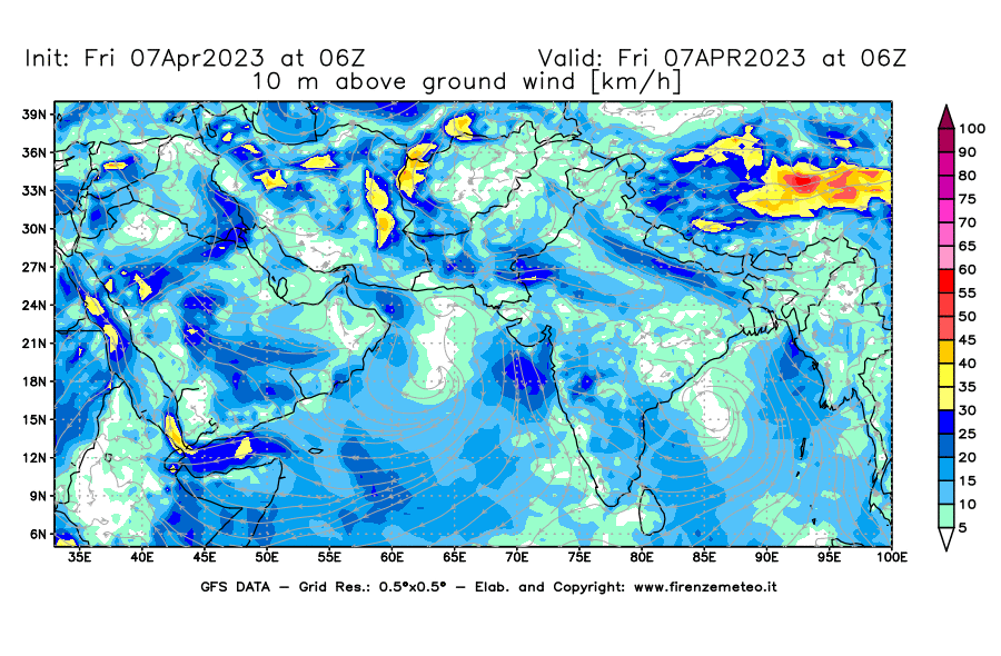 Mappa di analisi GFS - Velocità del vento a 10 metri dal suolo [km/h] in Asia Sud-Occidentale
							del 07/04/2023 06 <!--googleoff: index-->UTC<!--googleon: index-->
