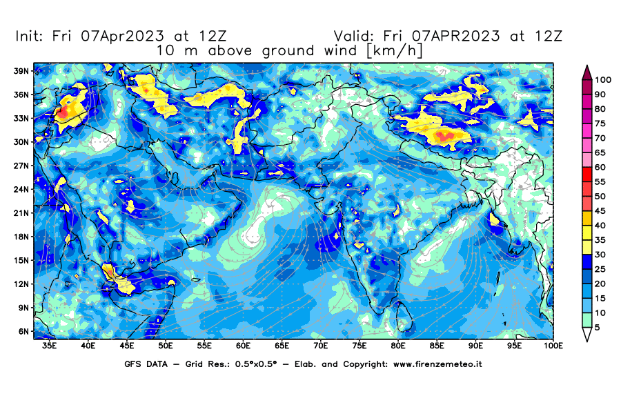 Mappa di analisi GFS - Velocità del vento a 10 metri dal suolo [km/h] in Asia Sud-Occidentale
							del 07/04/2023 12 <!--googleoff: index-->UTC<!--googleon: index-->