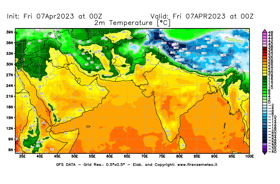 Mappa di analisi GFS - Temperatura a 2 metri dal suolo [°C] in Asia Sud-Occidentale
							del 07/04/2023 00 <!--googleoff: index-->UTC<!--googleon: index-->