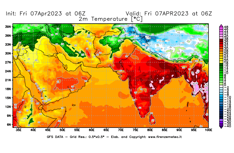 Mappa di analisi GFS - Temperatura a 2 metri dal suolo [°C] in Asia Sud-Occidentale
							del 07/04/2023 06 <!--googleoff: index-->UTC<!--googleon: index-->
