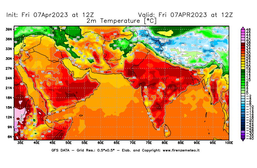 Mappa di analisi GFS - Temperatura a 2 metri dal suolo [°C] in Asia Sud-Occidentale
							del 07/04/2023 12 <!--googleoff: index-->UTC<!--googleon: index-->