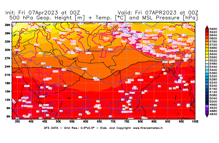 Mappa di analisi GFS - Geopotenziale [m] + Temp. [°C] a 500 hPa + Press. a livello del mare [hPa] in Asia Sud-Occidentale
							del 07/04/2023 00 <!--googleoff: index-->UTC<!--googleon: index-->