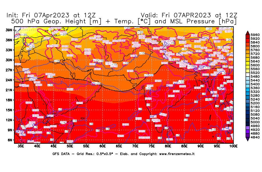 Mappa di analisi GFS - Geopotenziale [m] + Temp. [°C] a 500 hPa + Press. a livello del mare [hPa] in Asia Sud-Occidentale
							del 07/04/2023 12 <!--googleoff: index-->UTC<!--googleon: index-->
